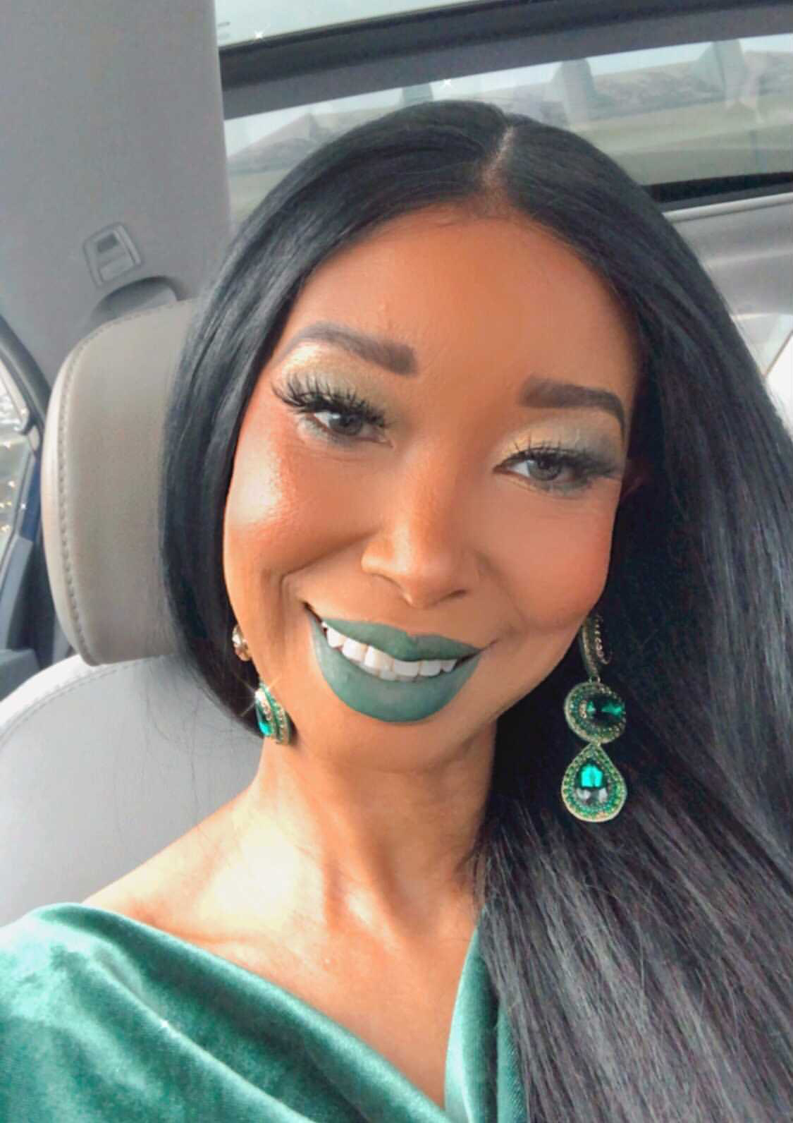 Customer wearing One of a Kind emerald green