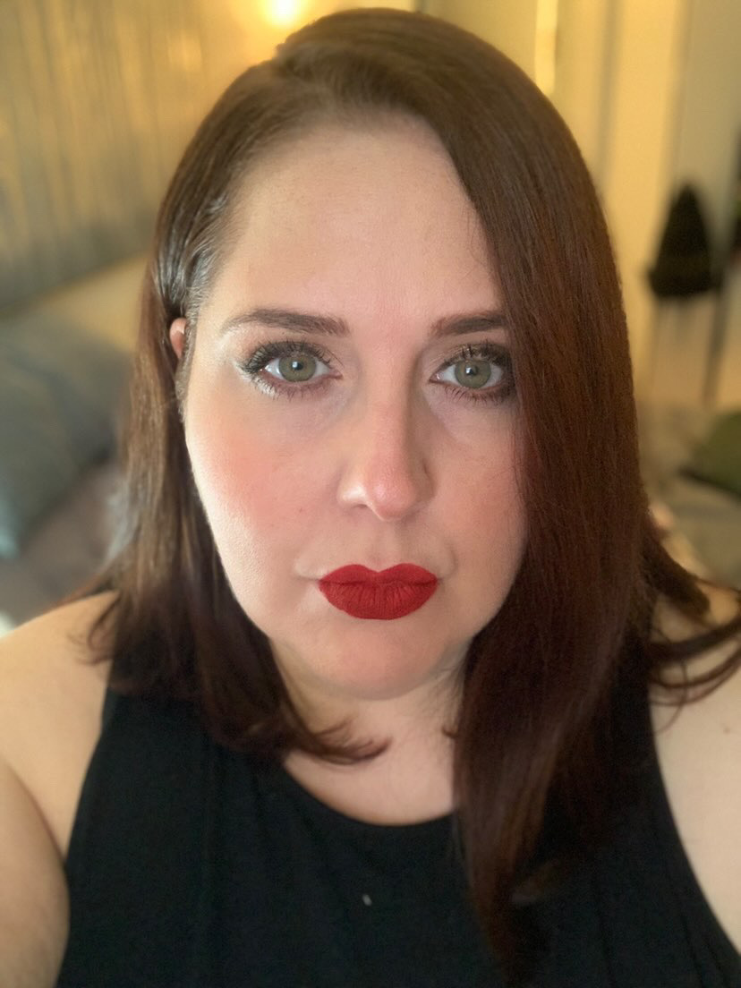 Customer wearing Voluptuous — crimson red matte portrait