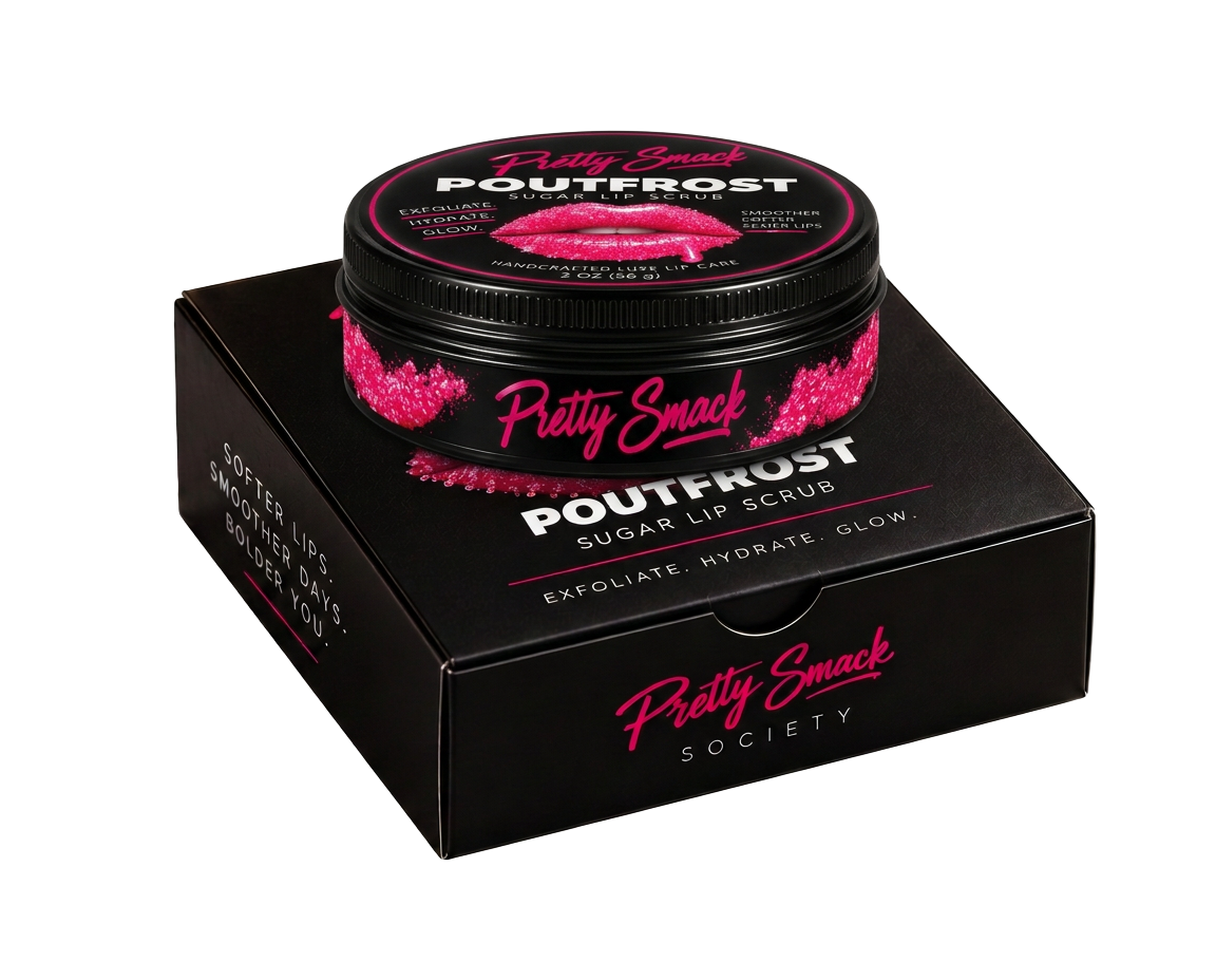 PoutFrost Strawberry sugar lip scrub tin displayed on its package