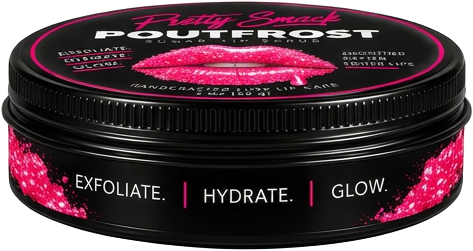 PoutFrost Strawberry sugar lip scrub tin, side back view