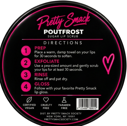 PoutFrost Strawberry sugar lip scrub tin, top back view with directions