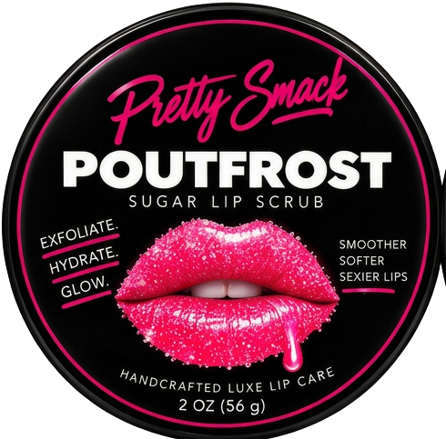 PoutFrost Strawberry sugar lip scrub tin, top front view